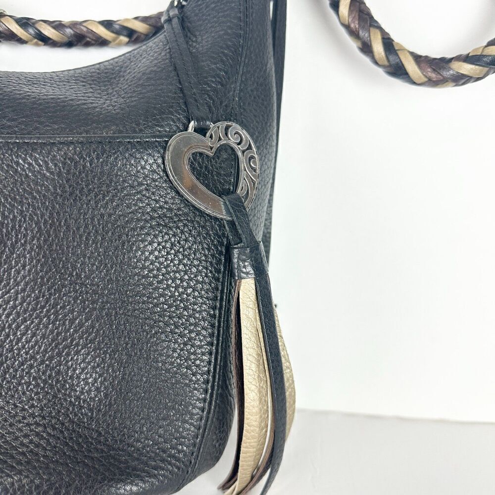 Brighton Barbados Ziptop Hobo Bag Pebbled Leather Black Braided Strap - Picture 9 of 12
